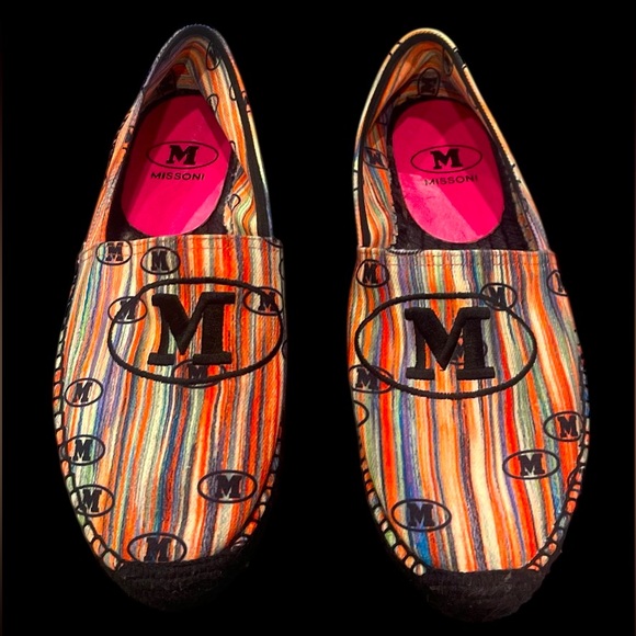 M MISSONI Embroidered Logo Twill Striped Multicolor Espadrille Sz US 7 EU 37 - Picture 1 of 11